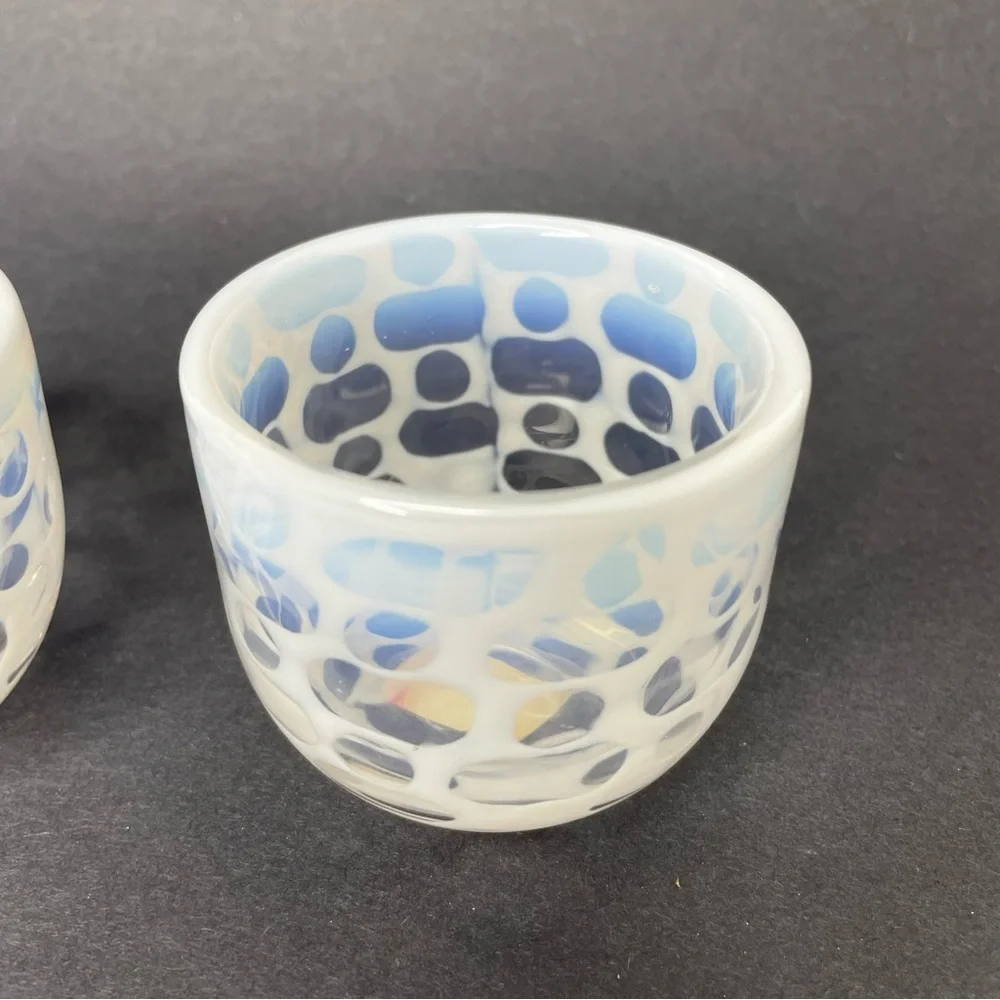 Pair of Crate & Barrel Art Glass Moonstone Lacy Votive Candle Holders 2 1/4